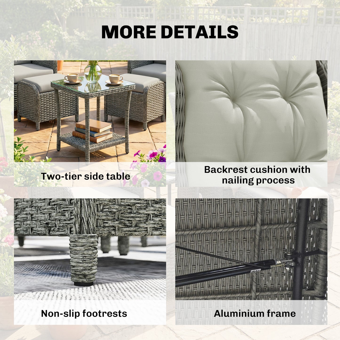 5 Piece Rattan Garden Furniture Set | 2 Reclining Chairs & 2 Footstools | Side Table | 90-135° Backrest | Aluminium Frame | Washable Cushions | 120kg | Cream White