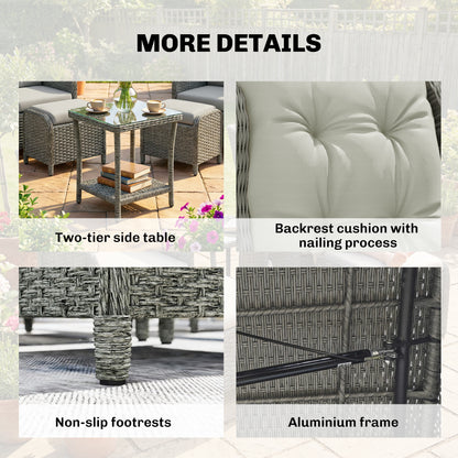 5 Piece Rattan Garden Furniture Set | 2 Reclining Chairs & 2 Footstools | Side Table | 90-135° Backrest | Aluminium Frame | Washable Cushions | 120kg | Cream White