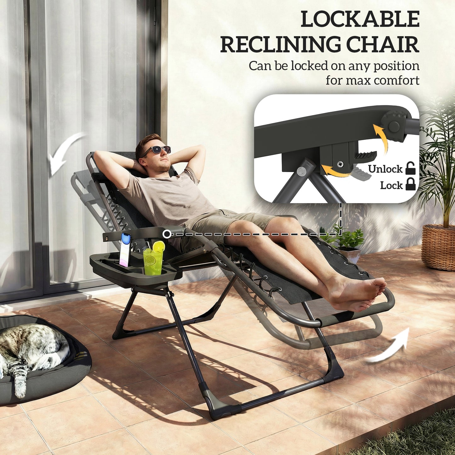 Set of 2 Zero Gravity Folding Sun Loungers | Stepless Recline | Headrest & Side Tray | 120kg | Black