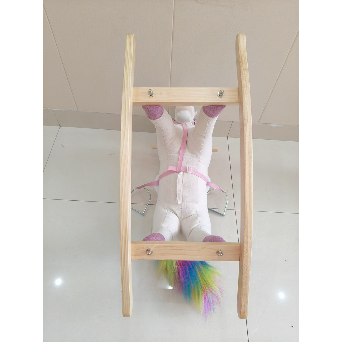 Kids Rocking Horse Unicorn with Sound Button | Wide Anti-Tip Base & Rocking Stoppers | Head Handles | Fixed Wood Footrests | Faux Linen & PP Cotton | 25kg Max | 71x30x68cm | Ages 12–36 Months | Cream