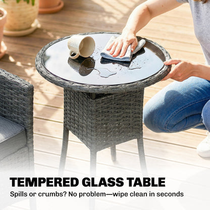 Rattan Bistro Set | 2 Reclining Chairs | Gas Lift 105°-150° | Glass Table | Washable Cushions | Grey