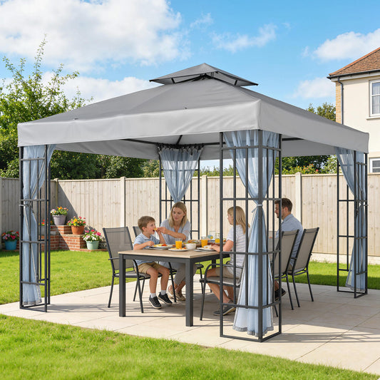 3x3m Permanent Garden Gazebo | 2-Tier Vented Polyester Roof | PA Coating Sun Protection | Removable Mosquito Netting | Solid Steel Frame | 8 Ground Stakes | 297x297x270cm | Eave Height 195cm | Light Grey