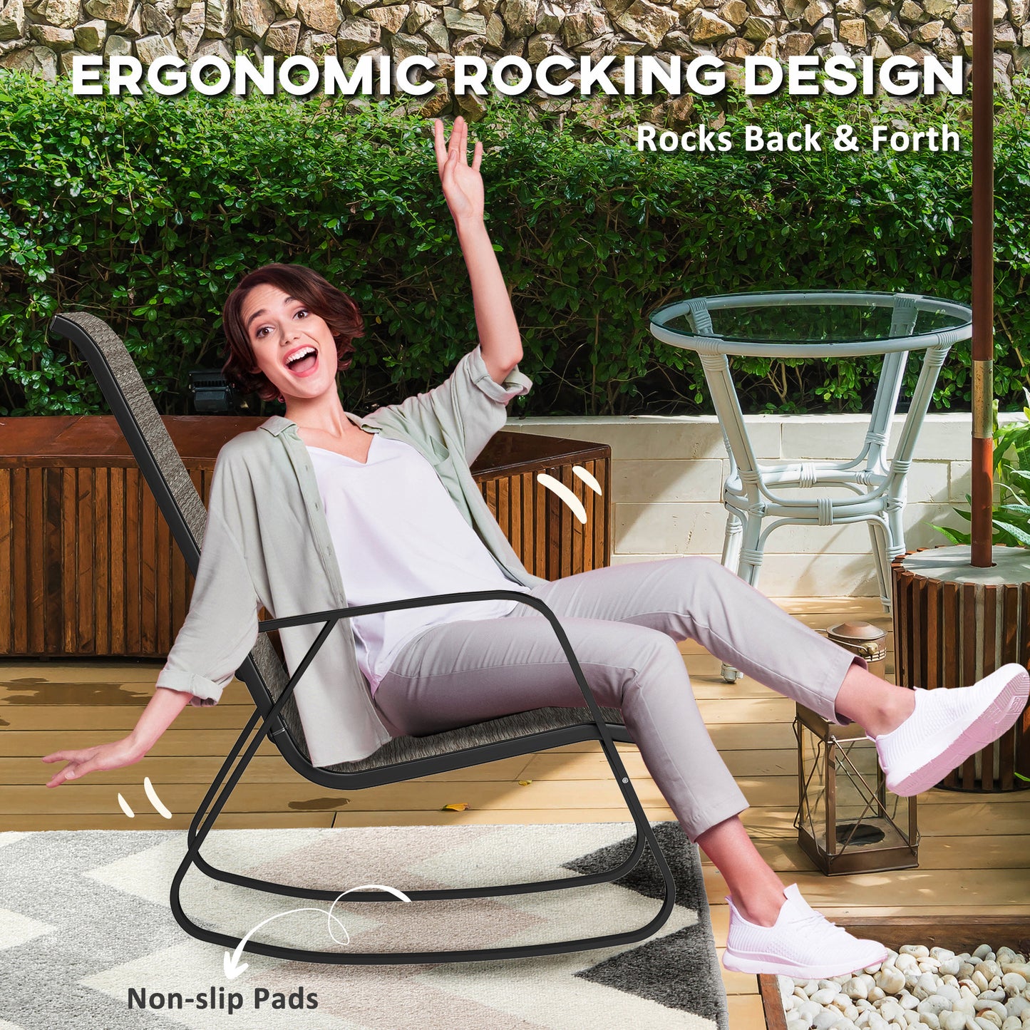 Outsunny Garden Rocking Chairs Set of 2, Ergonomic Outdoor Rocking Chairs with Armrests, High Backrest, Steel Frame Relaxing Rocker Armchair Seats, Light Brown