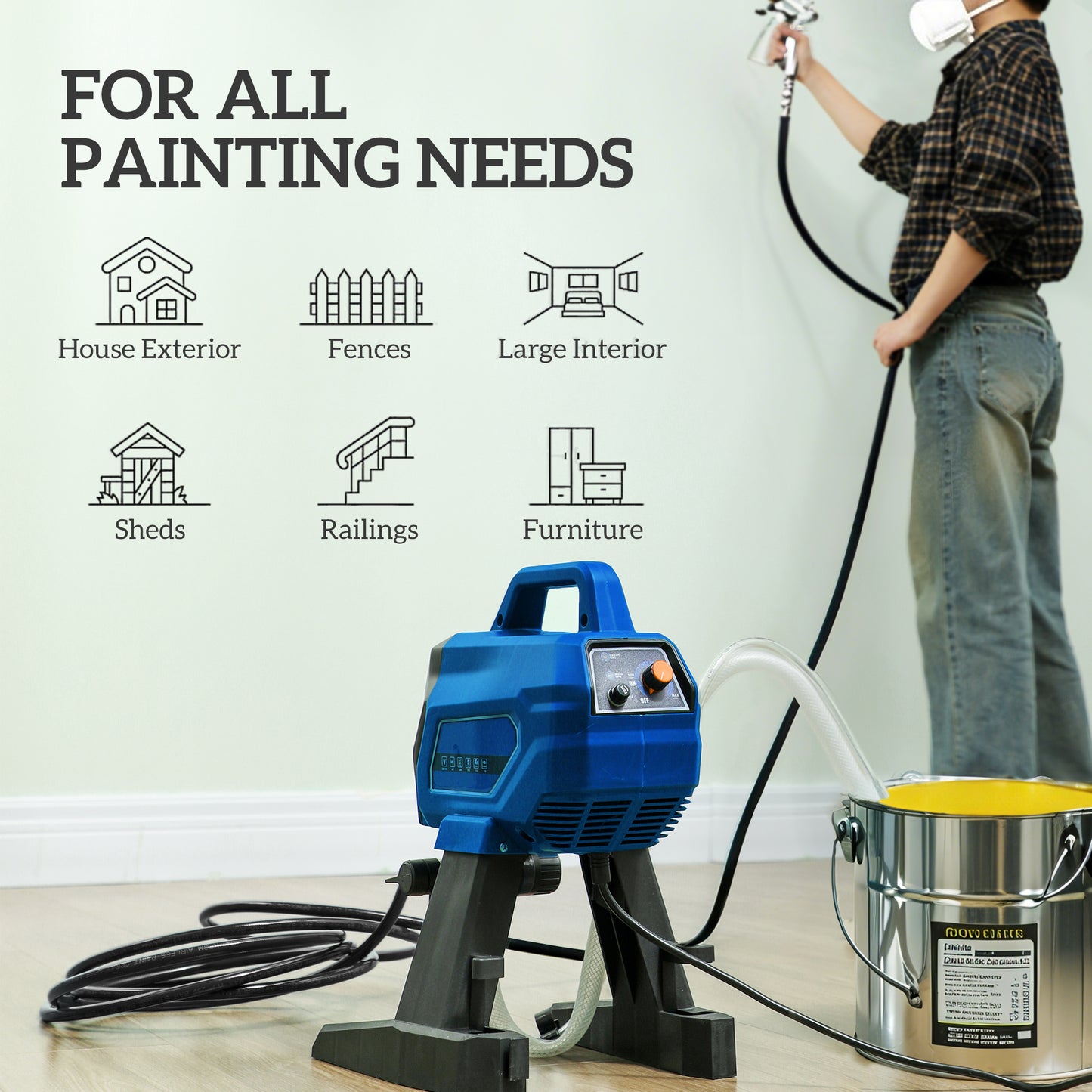 Airless Paint Sprayer, Thinning-Free, Electric Fence Paint Sprayer for Exterior and Interior DIY Painting Projects, Wall Spray Gun Machine, Household Use, 1.5L/min, 200Bar, 7.5m Hose Dark Blue