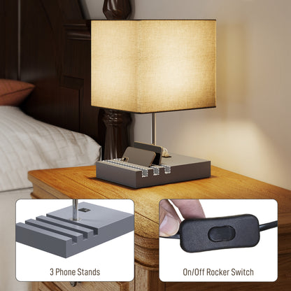 Bedside Table Lamp with USB-A & USB-C Charging Ports | 3 Device Organiser Slots | Solid Wood Base | TC Fabric Shade | Rocker Switch | E27 Max 40W | 1.5m Cable | 25x20x40.5cm | Bulb Not Included | Grey