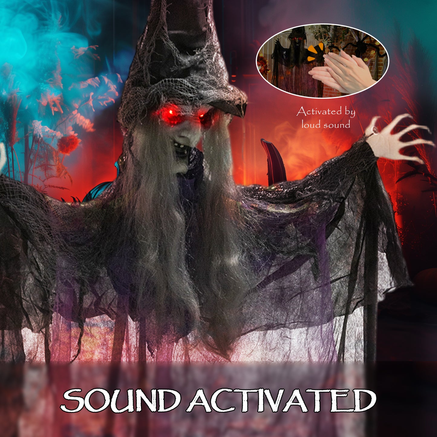 183 cm Life Size Halloween Animated Hanging Witch with Glowing LED Eyes, Spooky Witch Scary Halloween Decorations, Battery Operated, Indoor Party Props