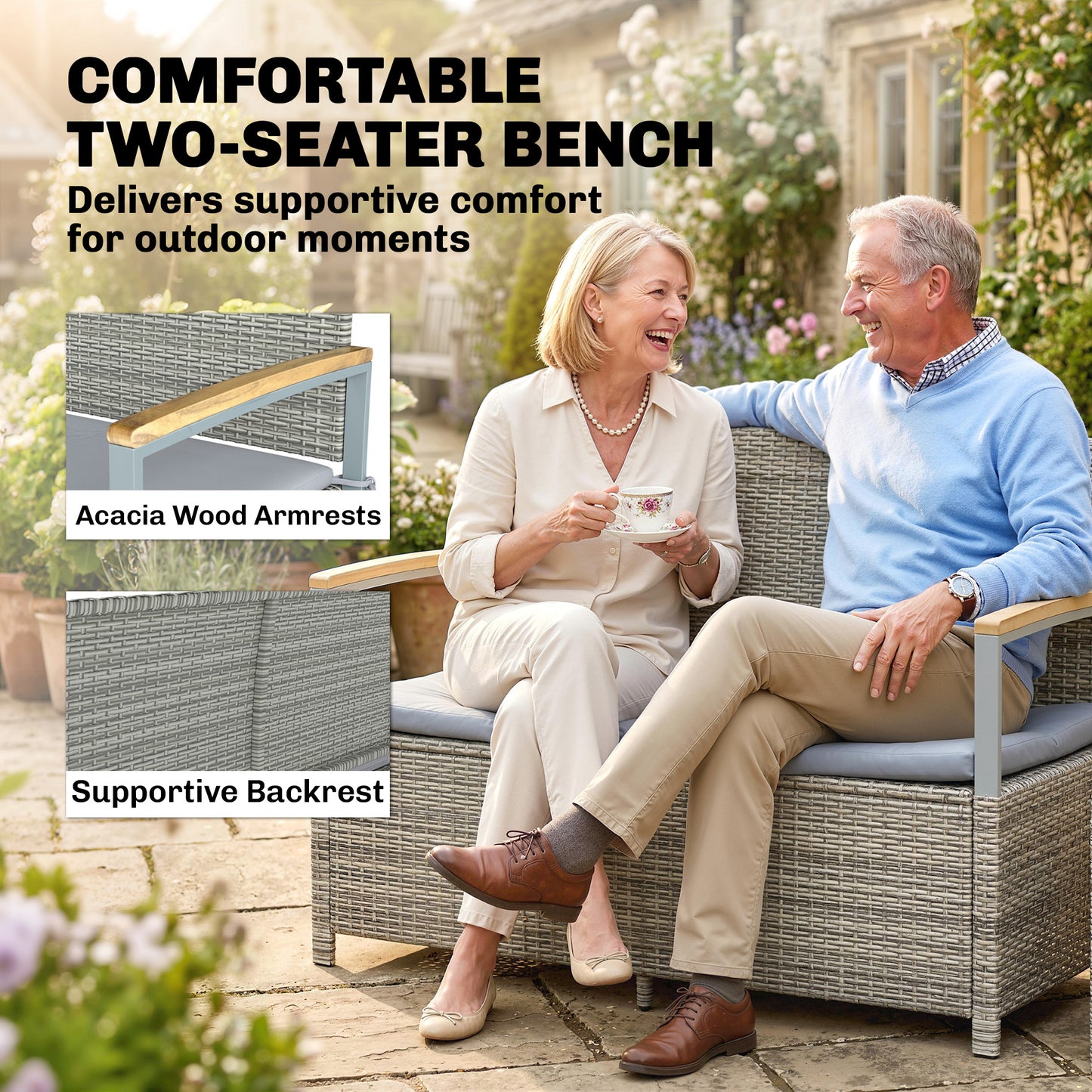 2-Seater Rattan Garden Storage Bench | 144L Hidden Storage | Gas Strut Lid | Zipped Liner | Acacia Wood Armrests | Washable Cushion | 300kg Capacity | 120 x 60 x 84cm | Light Grey