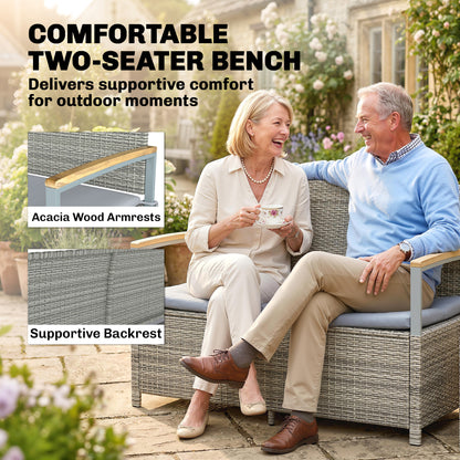 2-Seater Rattan Garden Storage Bench | 144L Hidden Storage | Gas Strut Lid | Zipped Liner | Acacia Wood Armrests | Washable Cushion | 300kg Capacity | 120 x 60 x 84cm | Light Grey