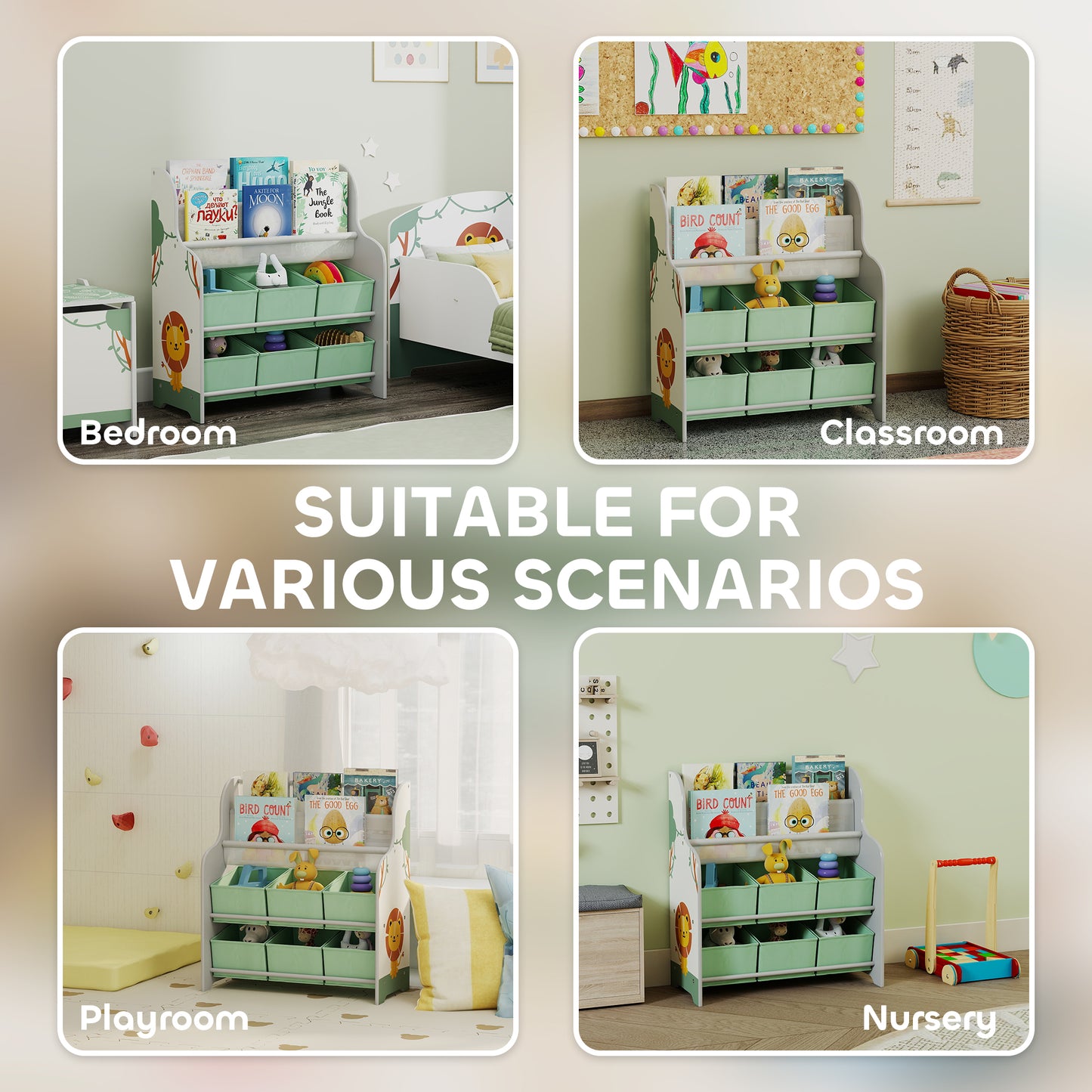 Kids Storage Unit with 6 Fabric Drawers & 2-Tier Sling Book Rack – Star Pattern, Rounded Corners, EN71 Tested, For Bedroom, Playroom & Nursery – Green