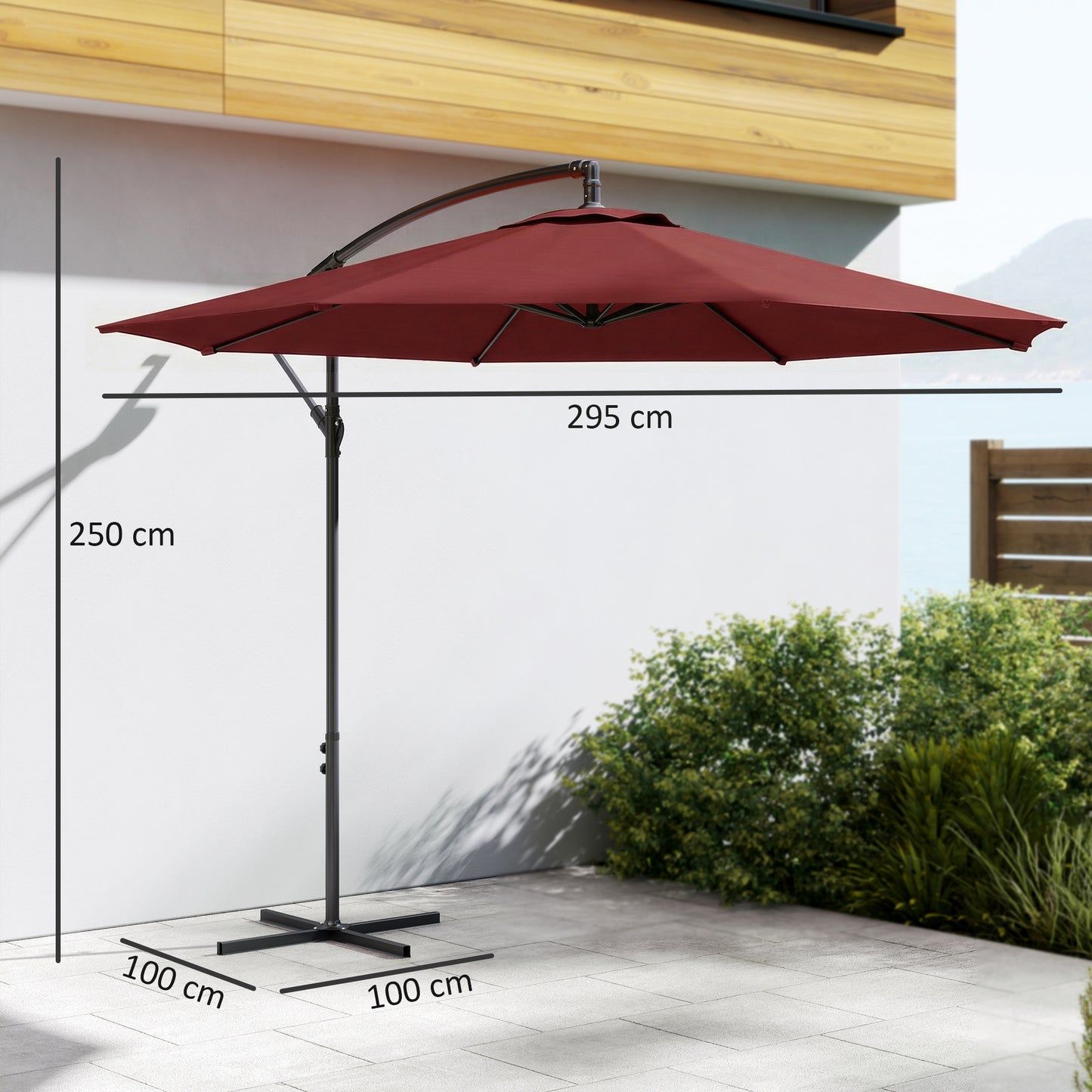 3m Cantilever Parasol with Cross Base | Crank Lift | Adjustable Angle | UV Resistant | 8-Rib | Wine Red