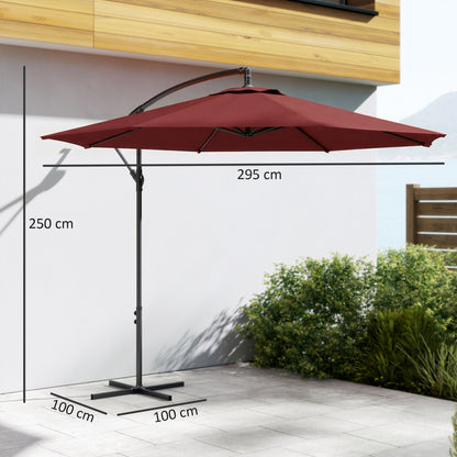 3m Cantilever Parasol with Cross Base | Crank Lift | Adjustable Angle | UV Resistant | 8-Rib | Wine Red
