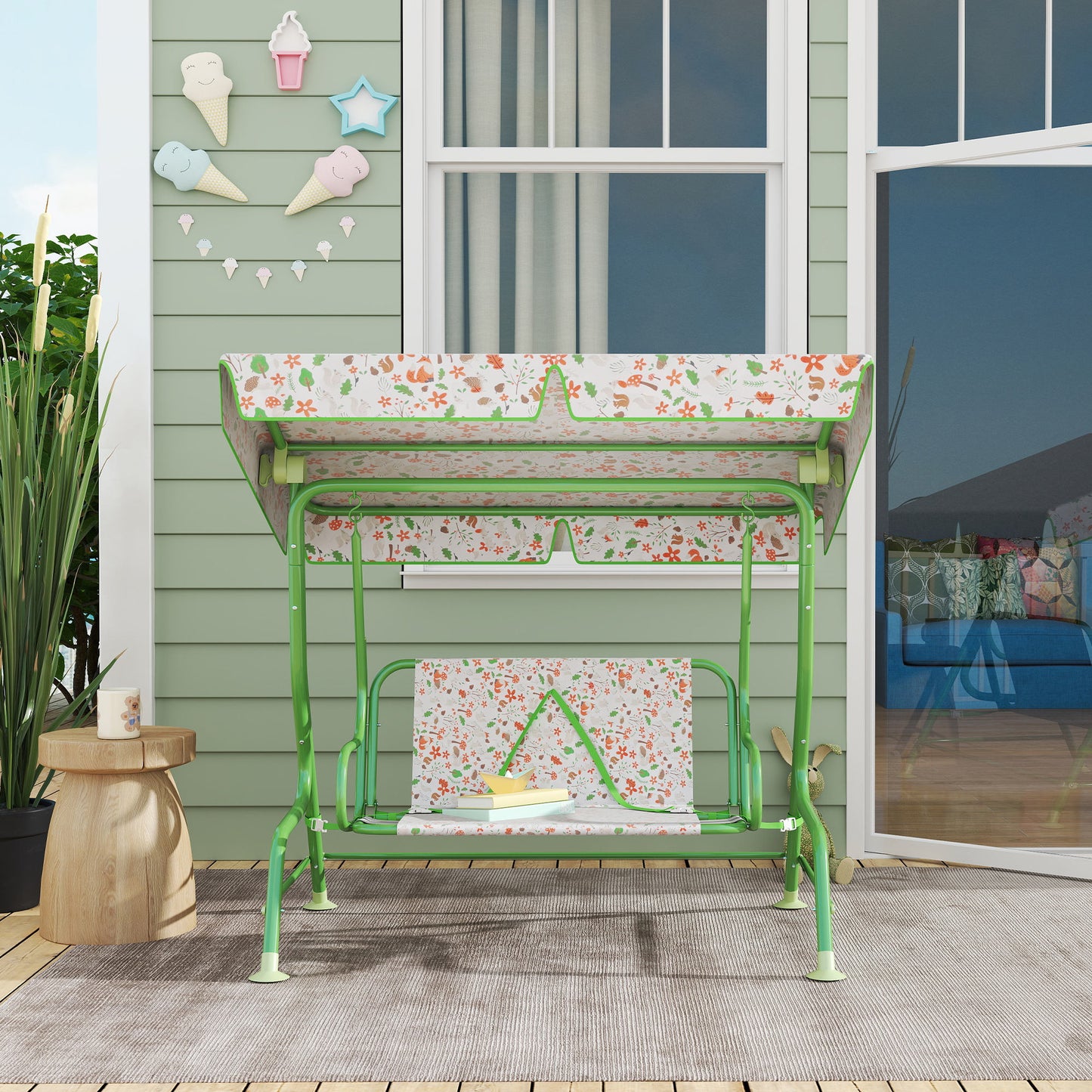 AIYAPLAY Kids Garden Swing Chair with Adjustable Canopy, Safety Belt, 2 Seater Hammock Swing Bench for Patio, Porch, Green / Pink