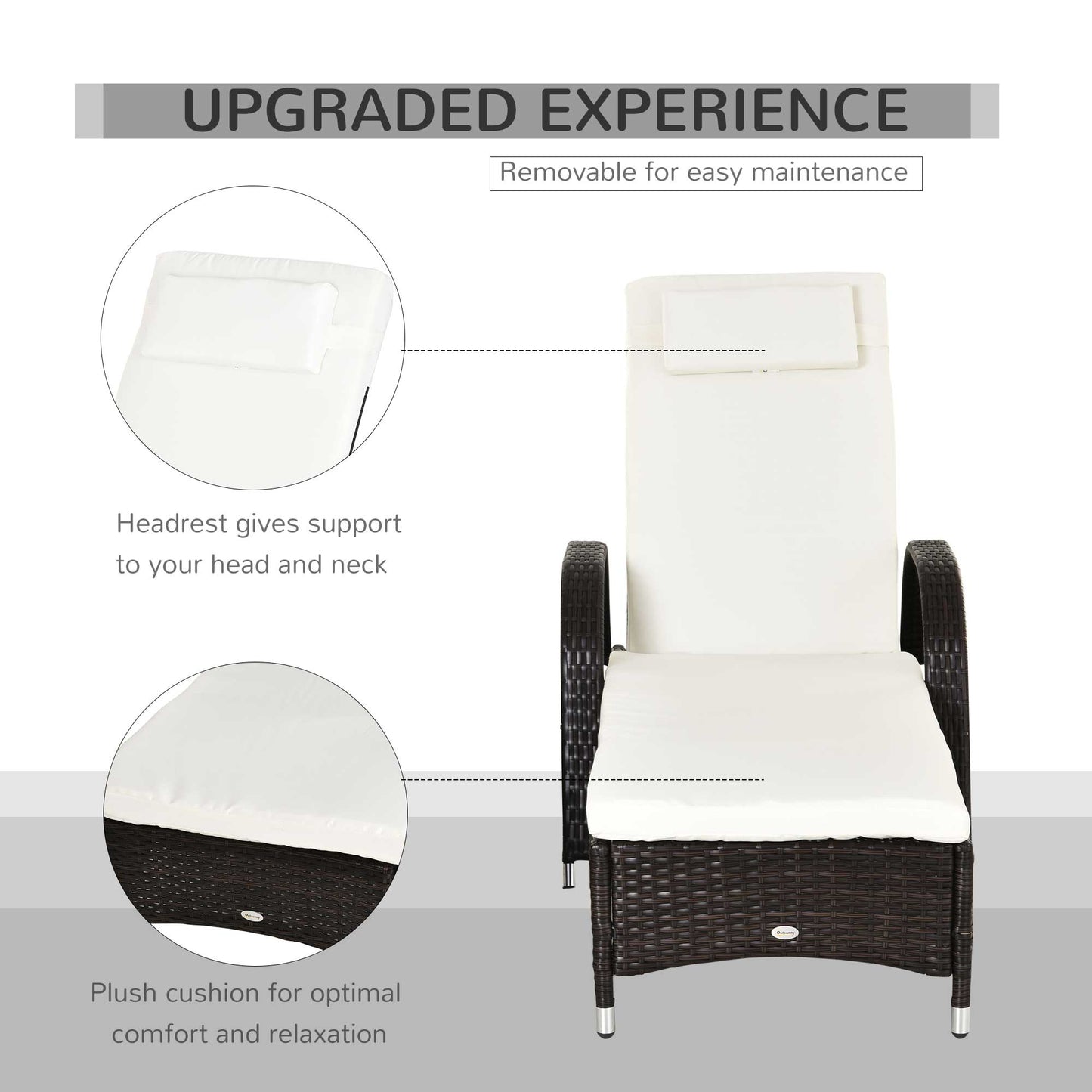 Outsunny 2 Pieces Rattan Sun Lounger Recliner Bed Reclining Chair Patio Garden Outdoor Wicker Weave Adjustable Headrest with Fire Retardant Cushion – Brown