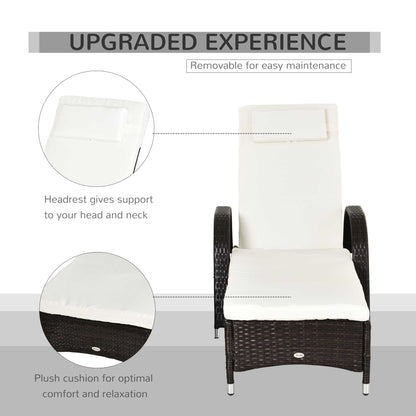 Outsunny 2 Pieces Rattan Sun Lounger Recliner Bed Reclining Chair Patio Garden Outdoor Wicker Weave Adjustable Headrest with Fire Retardant Cushion – Brown