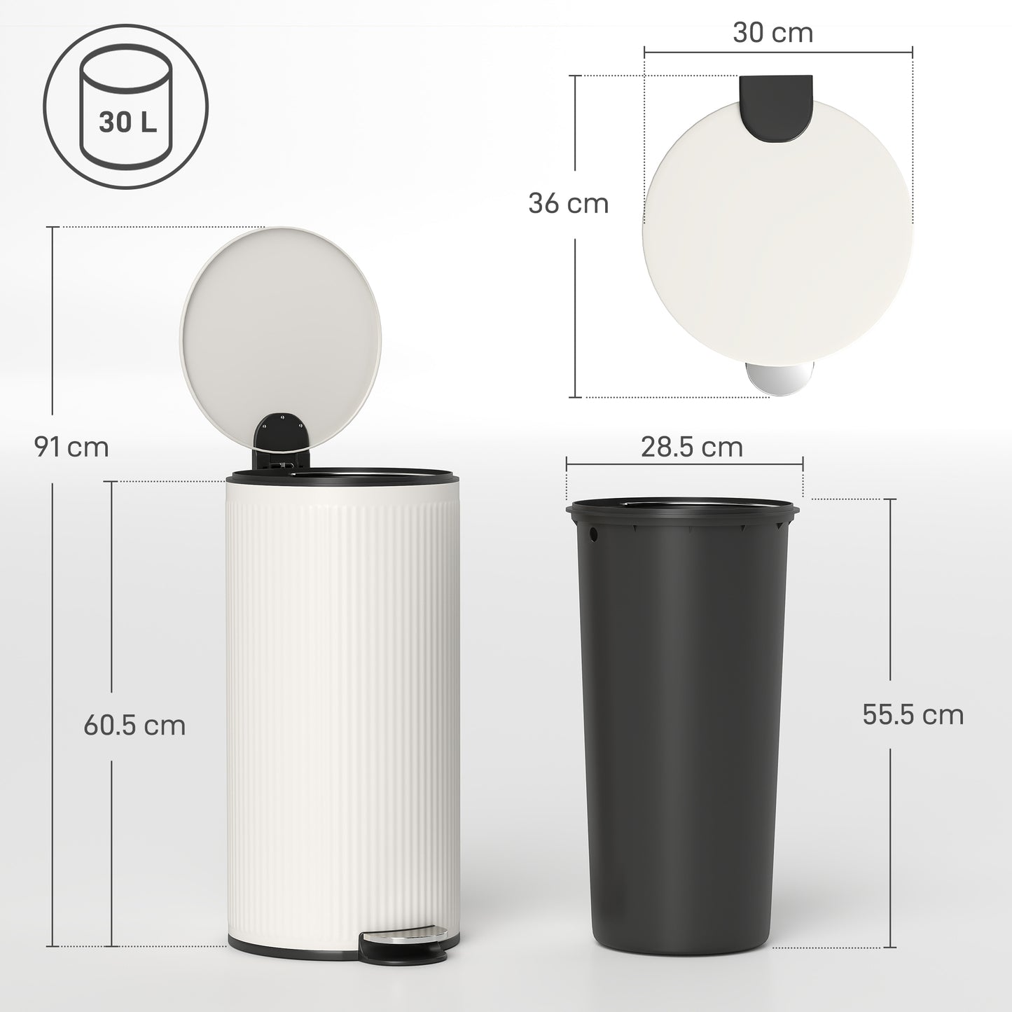 30L Kitchen Pedal Bin | Soft-Close Lid | Removable Inner Bucket | Lid Stay-Open | Fingerprint-Proof | Vertical Striped Metal & PP | Fully Assembled | 36x30x60.5cm | Cream