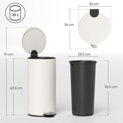 30L Kitchen Pedal Bin | Soft-Close Lid | Removable Inner Bucket | Lid Stay-Open | Fingerprint-Proof | Vertical Striped Metal & PP | Fully Assembled | 36x30x60.5cm | Cream