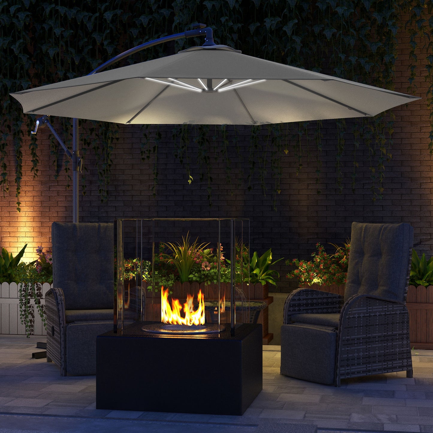 3(m) Cantilever Parasol with Solar LED Lights, Garden Umbrella with Cross Base and Crank Handle, Hanging Offset Banana Sun Shade for Outdoor, Patio