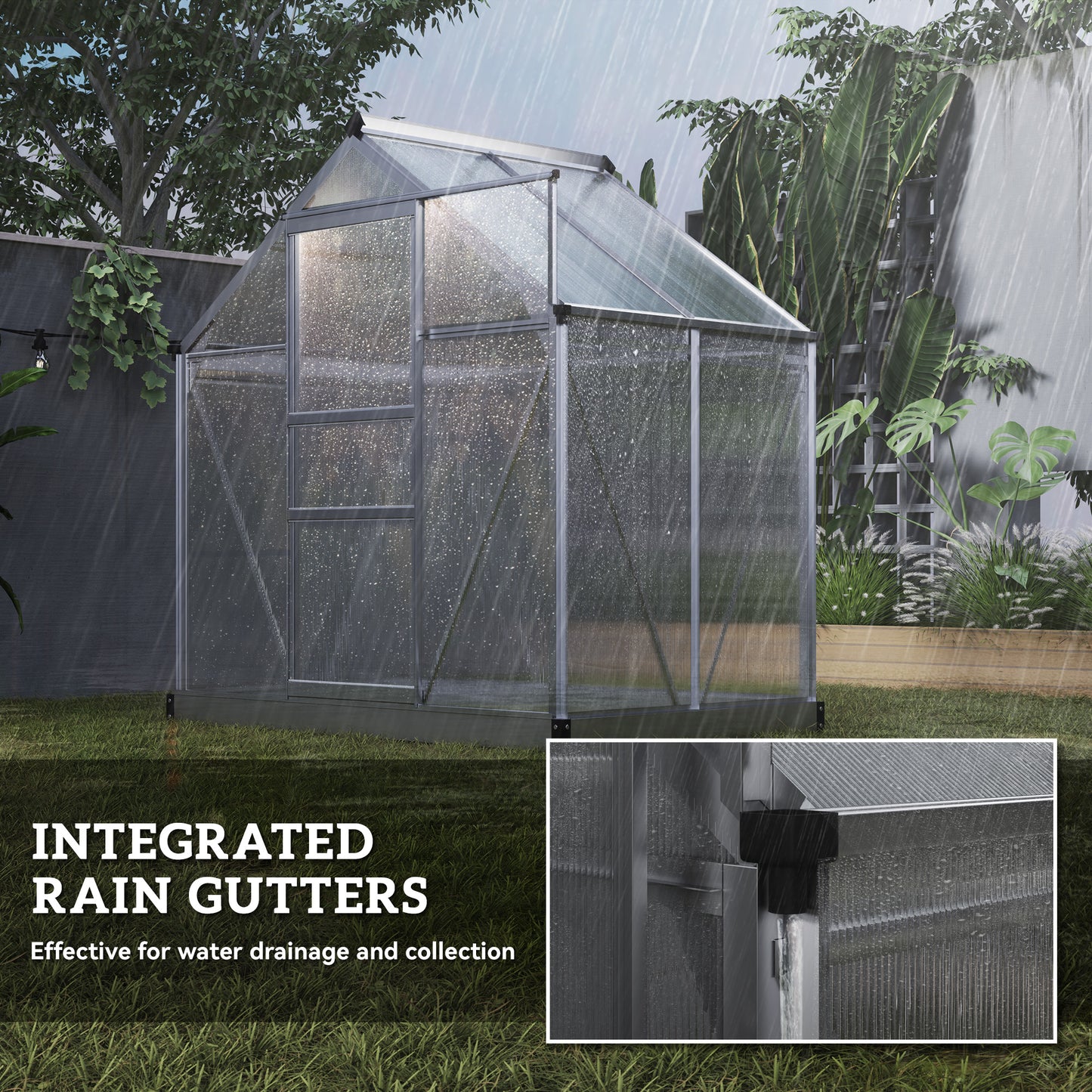 Walk-In Polycarbonate Greenhouse | 6x4ft | Aluminium Frame | Sliding Door | Roof Vent | 40kg/m² Snow Load | Silver