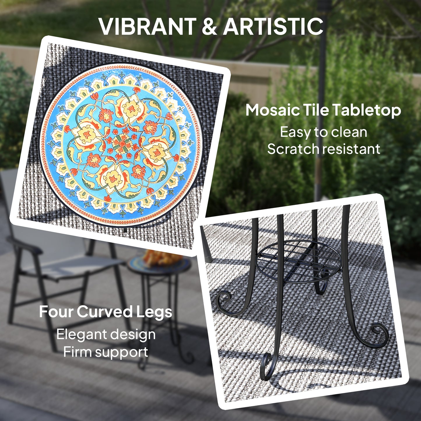 Round Mosaic Garden Bistro Side Table | Dia 35.5x54.5cm | Ceramic Tile Top | Lower Shelf | Electrophoretic Metal Frame | 30kg | Blue