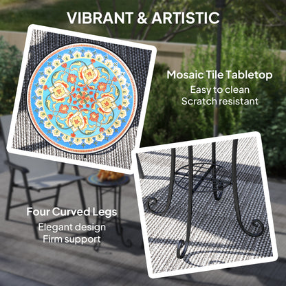 Round Mosaic Garden Bistro Side Table | Dia 35.5x54.5cm | Ceramic Tile Top | Lower Shelf | Electrophoretic Metal Frame | 30kg | Blue