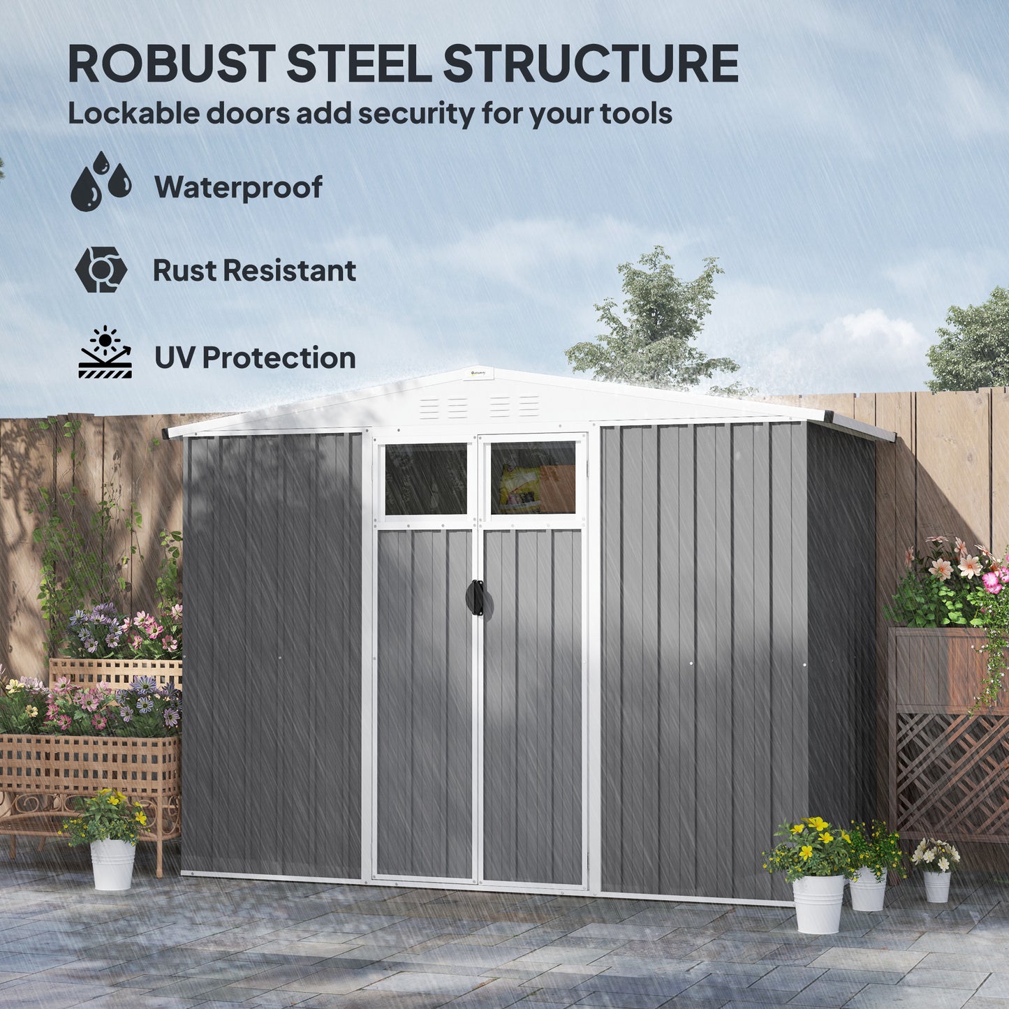 Outsunny 8 x 4 ft Metal Garden Shed, Garden Storage Shed with Window, 4 Vents and Lockable Door, Waterproof Galvanised Steel Tool Storage Shed