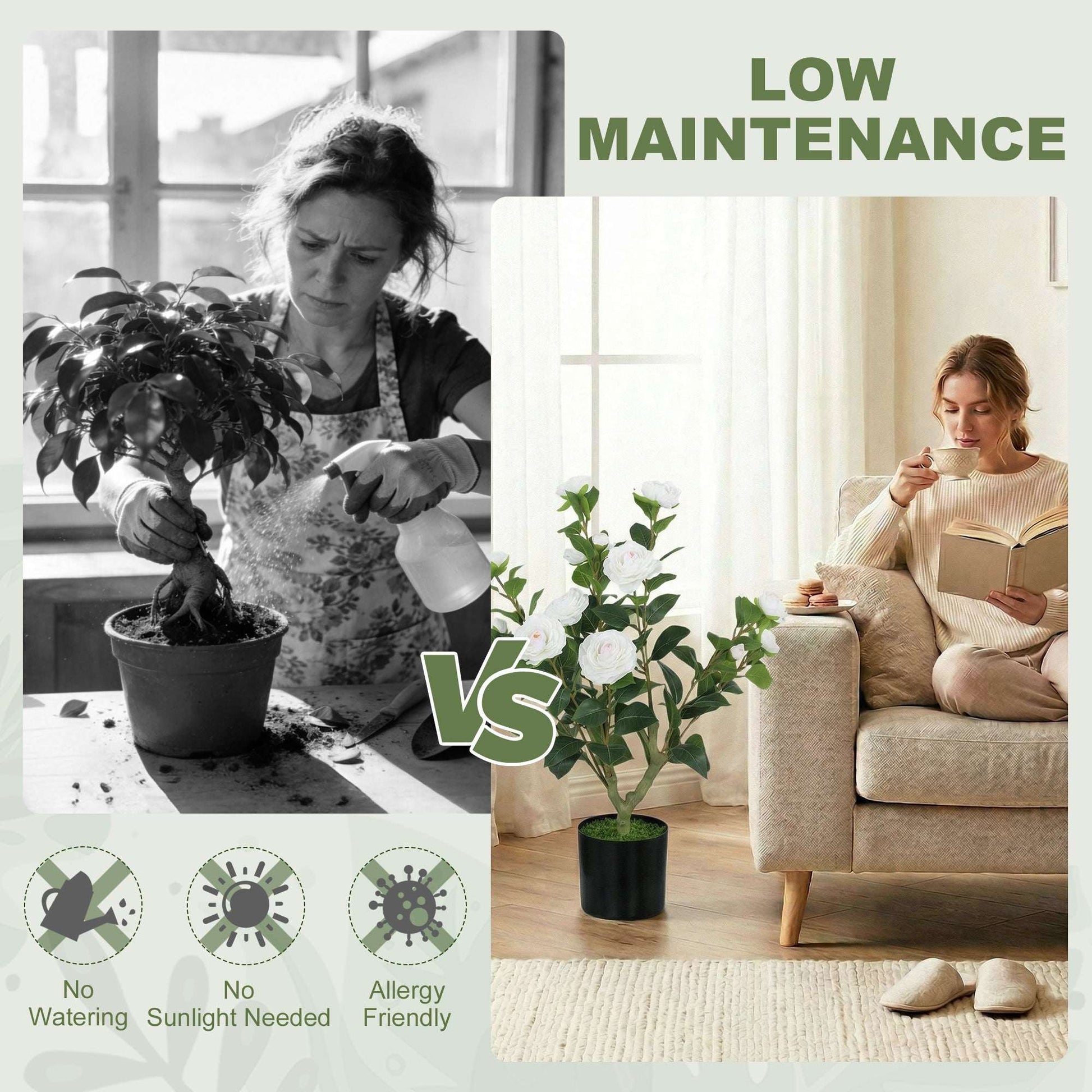 Artificial Camellia Flower Plant | 65cm | 116 PEVA Leaves | Silk Blossoms | Shapeable | Moss Effect Cement Pot | No Maintenance | White
