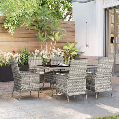 Rattan Garden Furniture Set, 6 Seater Outdoor Dining Table and Chairs with Cushions, 150 x 90cm Rectangular Tempered Glass Table, 6 Armchairs