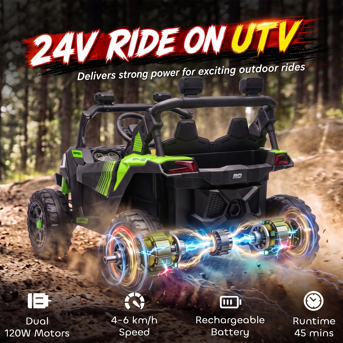 AIYAPLAY 24V 2-Seater Electric Ride-On UTV | Dual 120W Motors | Parent Remote & Suspension | LED Lights & USB Music | Green, Black or Pink | Ages 3–8