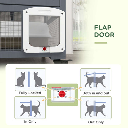 PawHut Cat Cage House, Catio Cat Outdoor Enclosure on Wheels, Weather-Resistant Wooden Kitty Cage W/ Platforms, 100L x 60W x 110Hcm - Light Grey