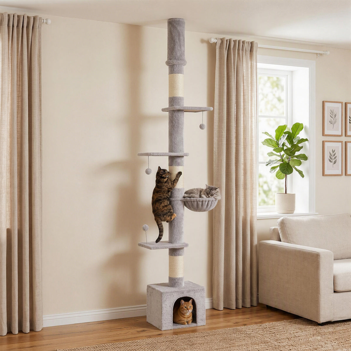 Light Grey Floor-to-Ceiling Cat Tree | Adjustable 230-250 cm Cat Tower with 6 Levels, Scratching Posts, Hammock, Condo & Toy Balls | Up to 5 kg