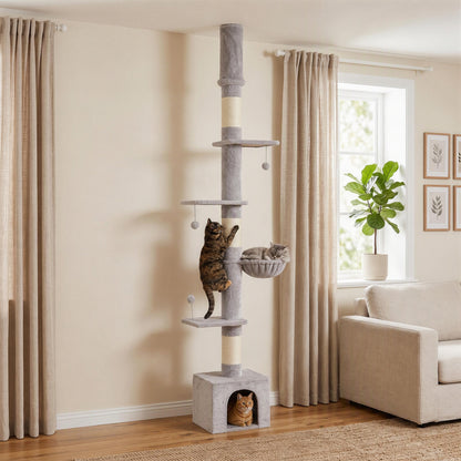 Light Grey Floor-to-Ceiling Cat Tree | Adjustable 230-250 cm Cat Tower with 6 Levels, Scratching Posts, Hammock, Condo & Toy Balls | Up to 5 kg