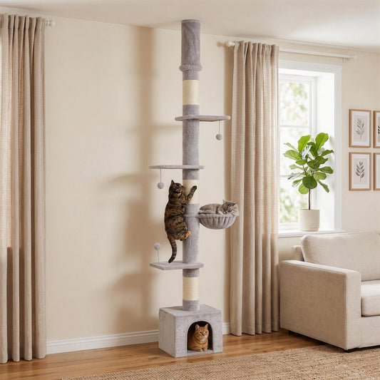 Light Grey Floor-to-Ceiling Cat Tree | Adjustable 230-250 cm Cat Tower with 6 Levels, Scratching Posts, Hammock, Condo & Toy Balls | Up to 5 kg