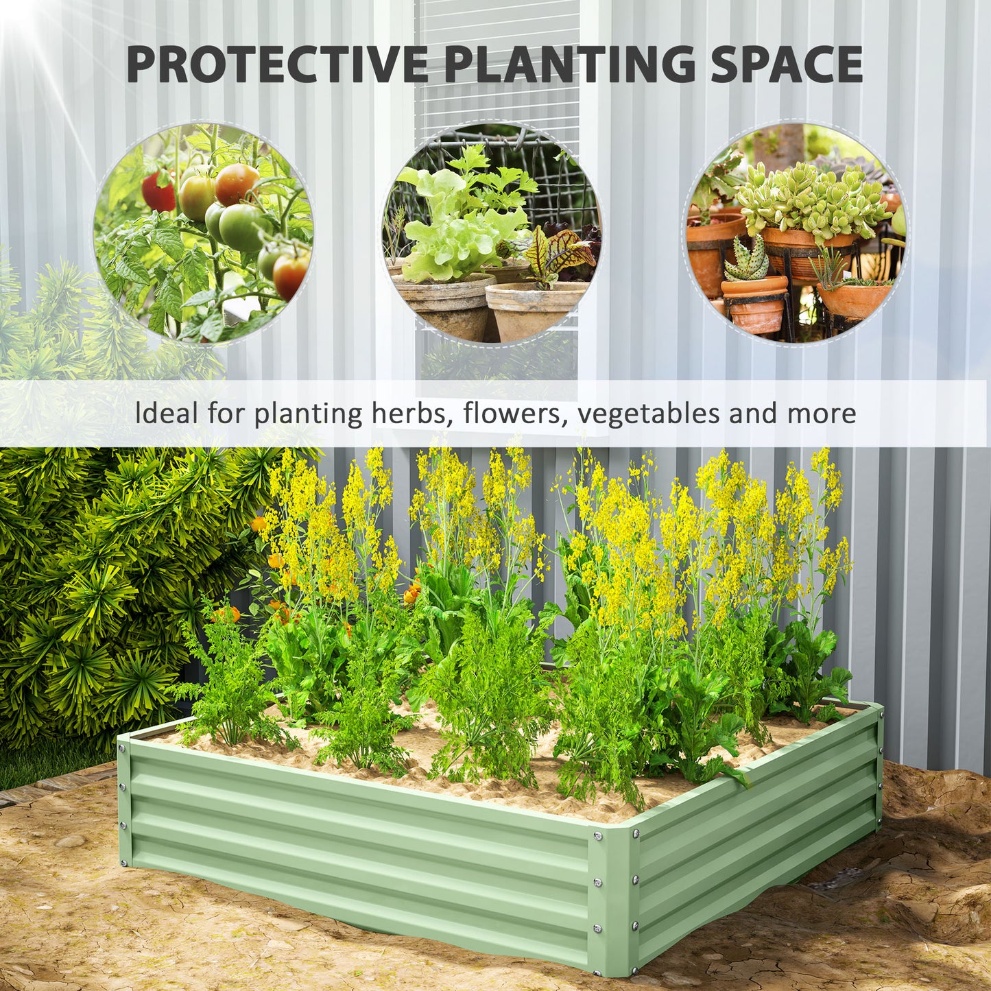 Square Galvanised Steel Raised Garden Bed | 120x120x30cm | Open Base | Slot-Together | Vegetables, Flowers & Herbs | Light Green