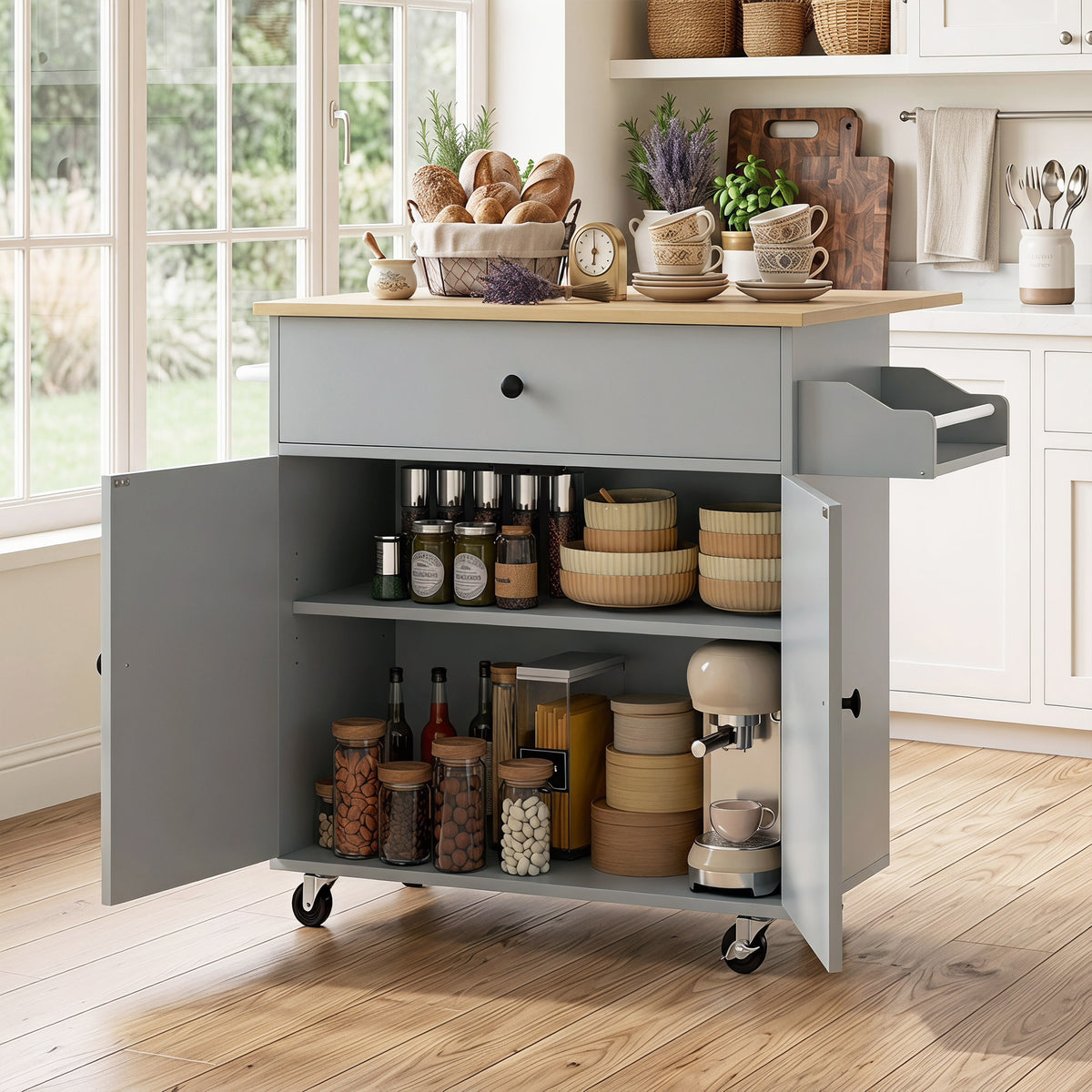 Kitchen Island Trolley with Drop-Leaf | Drawer | Cabinet & 3-Level Shelf | Spice Rack | Towel Rack | 4 Wheels 2 Brakes | Melamine Top | 50kg Total | 106x42x87cm | Grey / Black