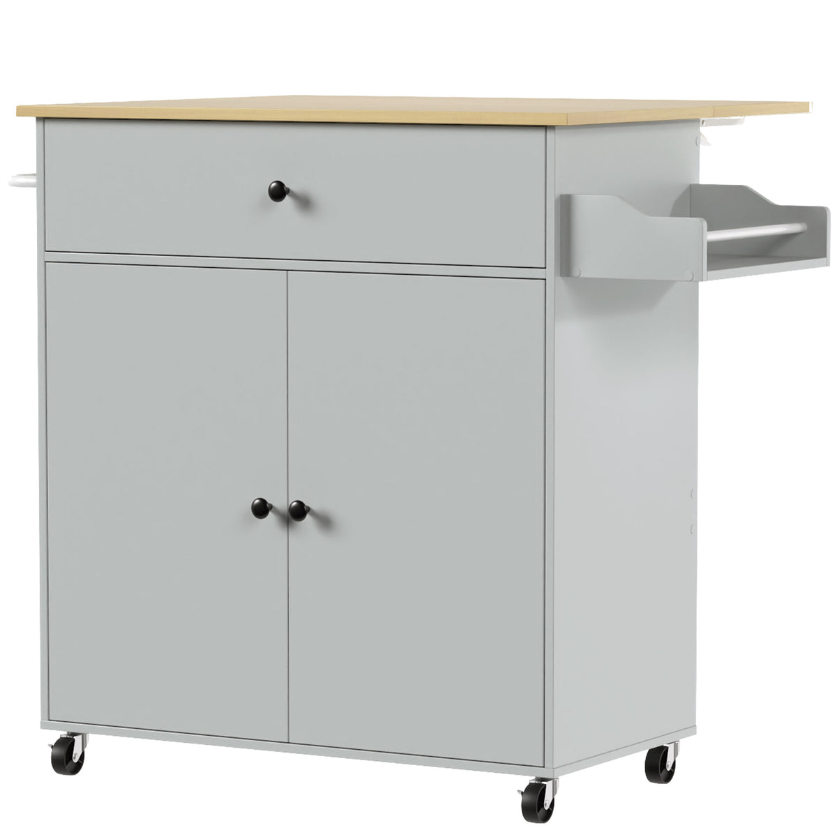 Kitchen Island Trolley with Drop-Leaf | Drawer | Cabinet & 3-Level Shelf | Spice Rack | Towel Rack | 4 Wheels 2 Brakes | Melamine Top | 50kg Total | 106x42x87cm | Grey / Black