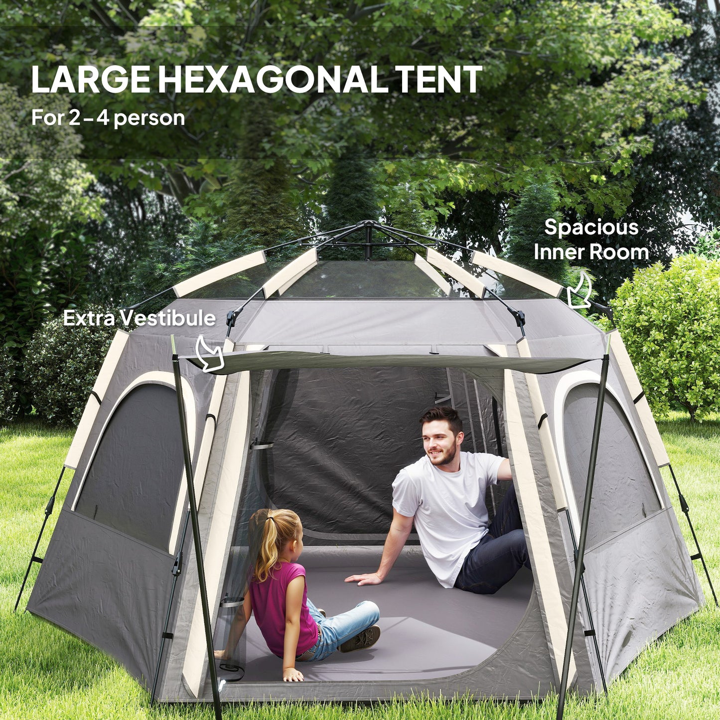 Instant Camping Tent, 2/3/4 Person Easy Setup Family Tent with Vestibule, Rainfly, 4 Mesh Windows & 2 Doors, Hexagonal Design, Waterproof