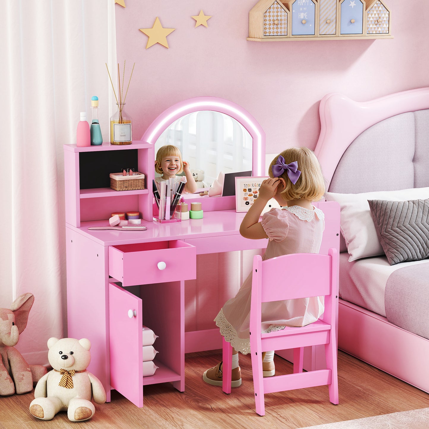 AIYAPLAY Kids Vanity Table and Chair Set, Girls Dressing Table with 2-Colour LED Mirror, Stool, Cabinet, Drawer, Shelves, Pink