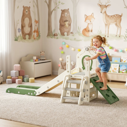 Kids Foldable 4-in-1 Toddler Slide | Climber | Basketball Hoop | Storage Basket | No Tools Assembly | Indoor Play | Ages 1-3 | Cream White