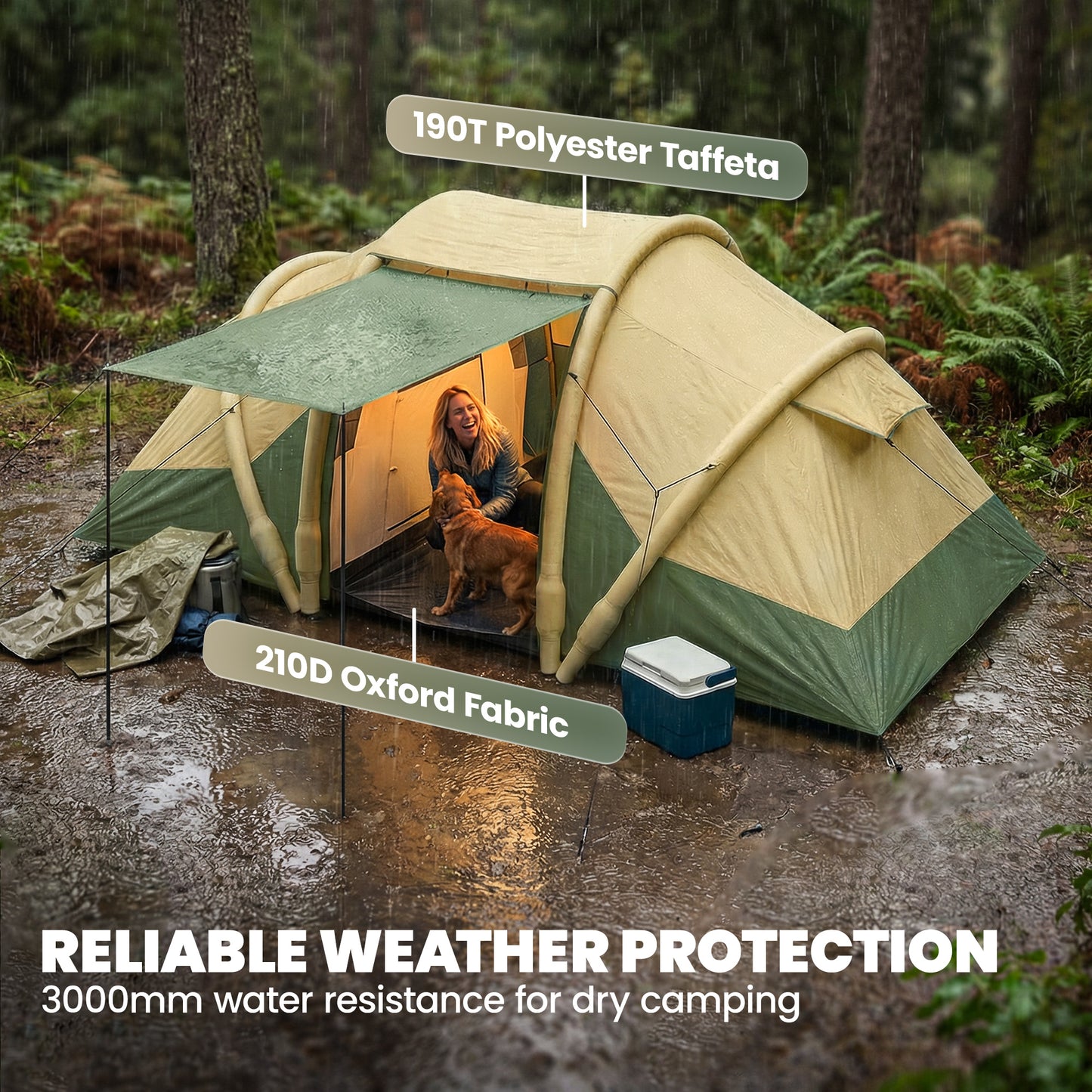 Inflatable Tent | 2 Bedrooms | 4 Person | 5-Min Setup | 3000mm Waterproof | Level 4 Wind | Awning | Carry Bag | Green