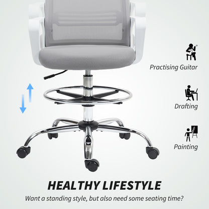 Draughtsman Chair, Mesh Drafting Chair, Ergonomic Office Chair with Lumbar Support, Adjustable Foot Ring, Grey