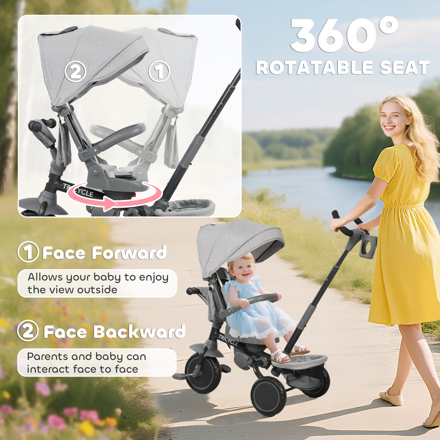AIYAPLAY 6 in 1 Foldable Kids Trike with Adjustable Parent Handle & Canopy for Ages 1-5, Grey / Black / Pink