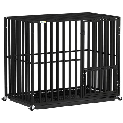 Heavy Duty Dog Crate with Wheels | 3-Door Access | Removable Tray | Top Playpen Opening | Medium & Large Dogs up to 30kg | Black