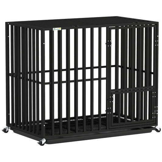Heavy Duty Dog Crate with Wheels | 3-Door Access | Removable Tray | Top Playpen Opening | Medium & Large Dogs up to 30kg | Black