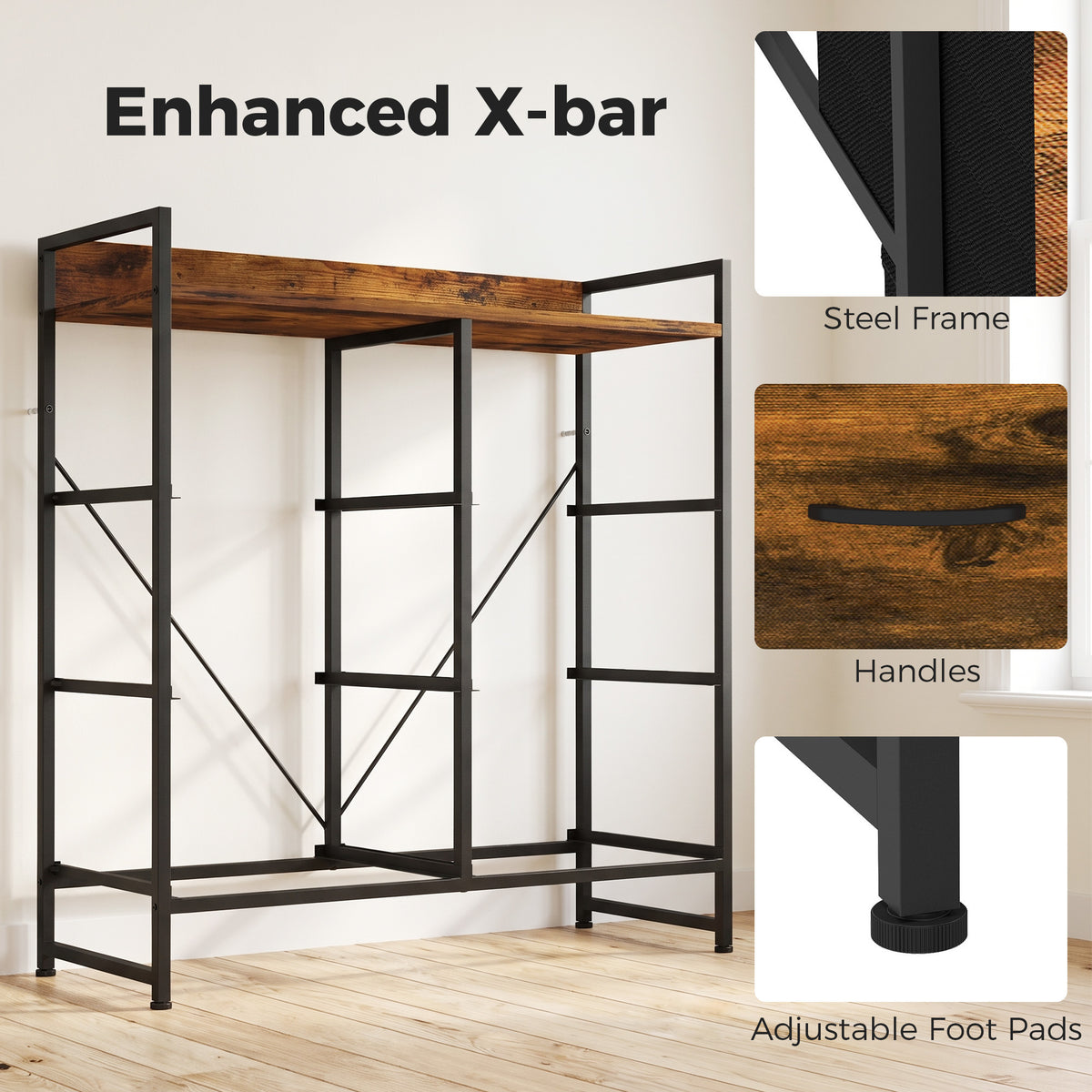 Rustic Chest of Six Fabric Drawers | Rustic Brown & Black | Linen Fabric Steel Particleboard | 80x29x85cm | 35kg Max Load | Adjustable Feet | Industrial Style | Bedroom Storage