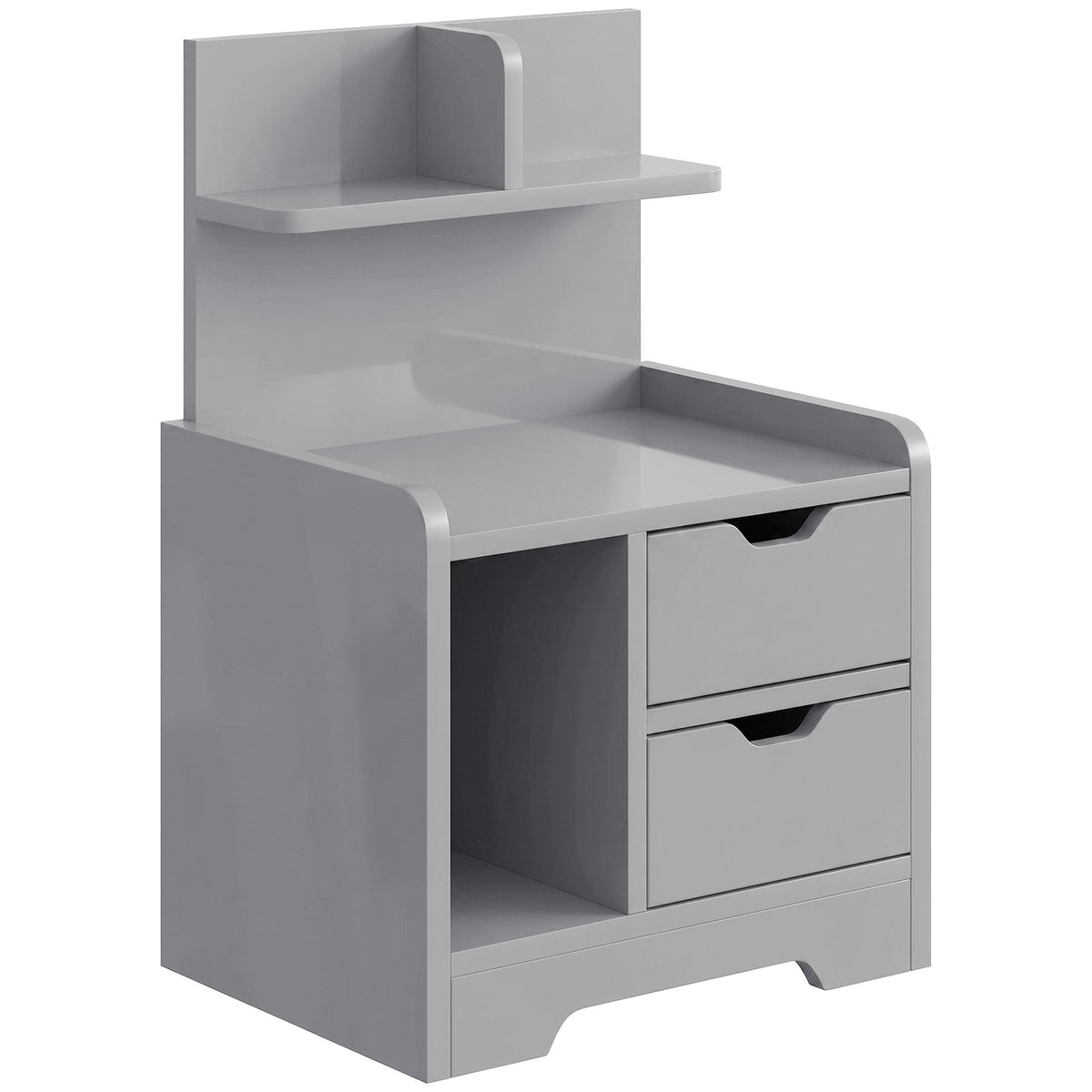 Bedside Table with 2 Drawers & Open Shelves | Grey Particleboard | 40x30x60cm | 30kg | Cut-Out Handles | Rounded Corners | Top & Bottom Shelves | Modern Nightstand | Bedroom Side Table