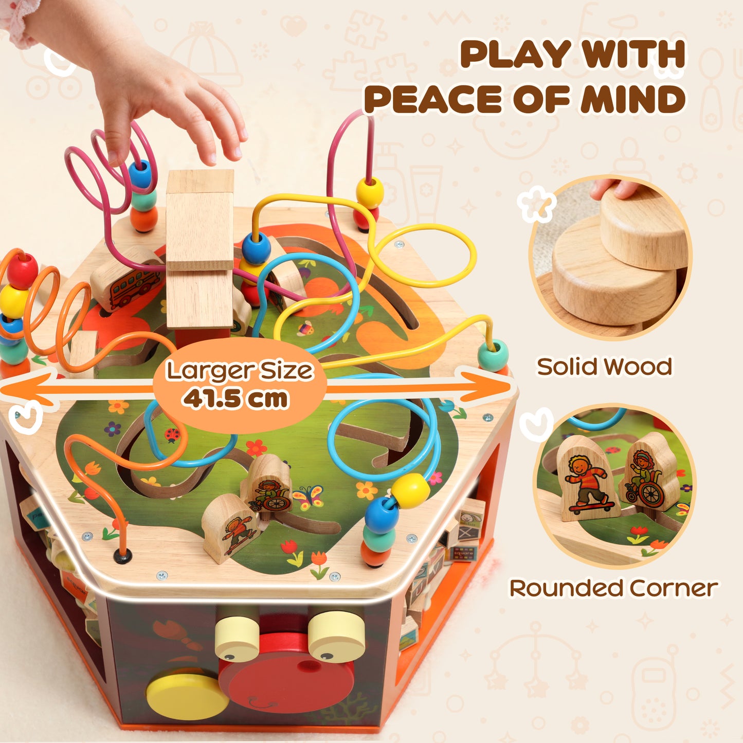 AIYAPLAY 8 in 1 Wooden Activity Cube with Bead Maze, Shape Sorter, for Kids Boys Girls 18+ Months