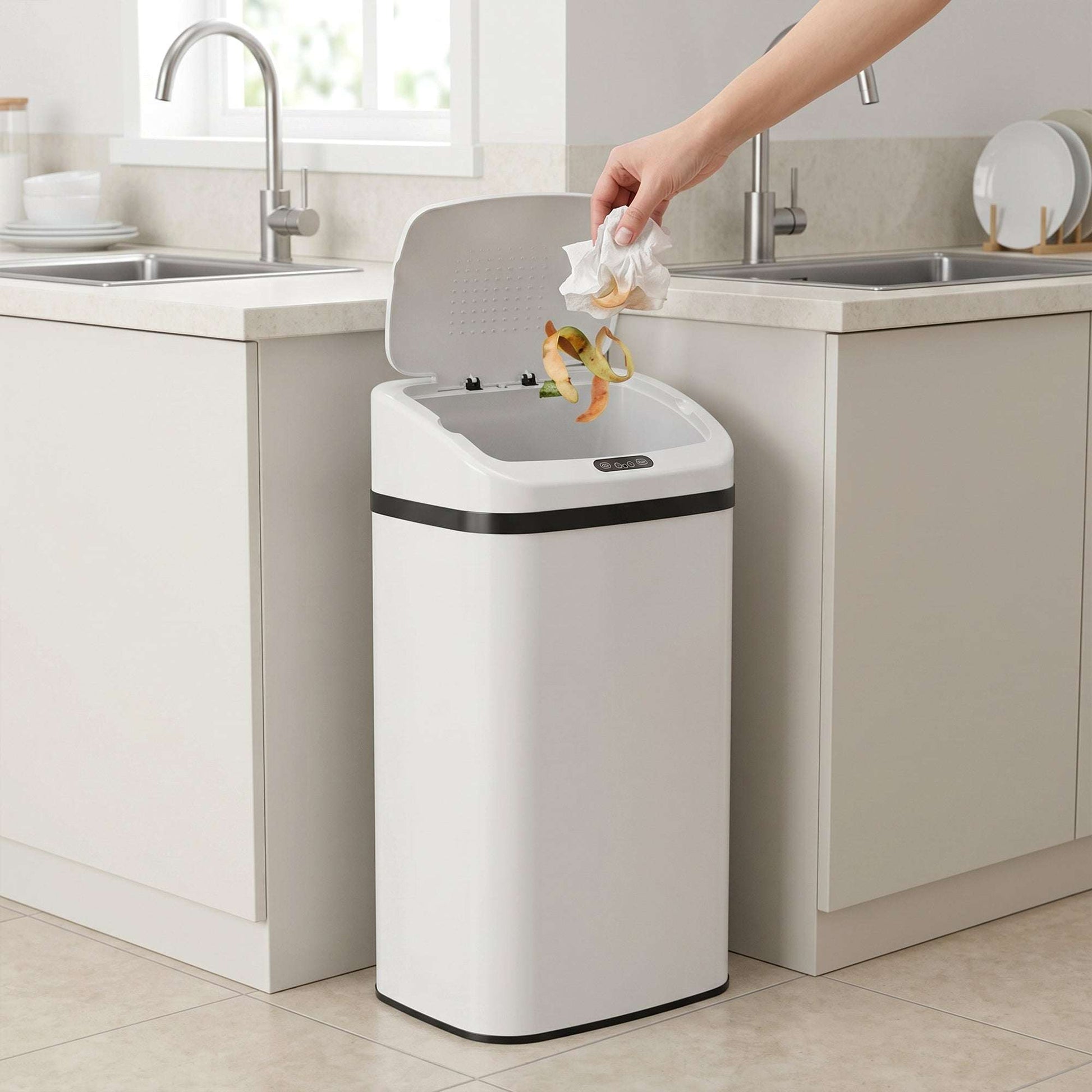 48L Infrared Sensor Bin | Opens in 0.5s | Quiet Close in 4-7s | Fingerprint-Resistant Stainless Steel | No Inner Bucket | 4xAA Batteries | No Assembly | 33x25x69cm | White
