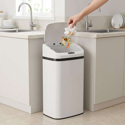 48L Infrared Sensor Bin | Opens in 0.5s | Quiet Close in 4-7s | Fingerprint-Resistant Stainless Steel | No Inner Bucket | 4xAA Batteries | No Assembly | 33x25x69cm | White