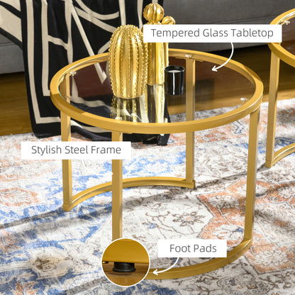 Coffee Table Set of 2, Modern Nest of Tables with Tempered Glass Top, Steel Frame for Living Room, Gold Tone