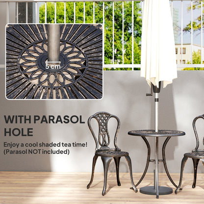 3 Piece Cast Aluminium Garden Bistro Set | Round Table Dia 63cm | Umbrella Hole | 2 Chairs | Rust Proof | Vintage Design | 120kg | Bronze Tone